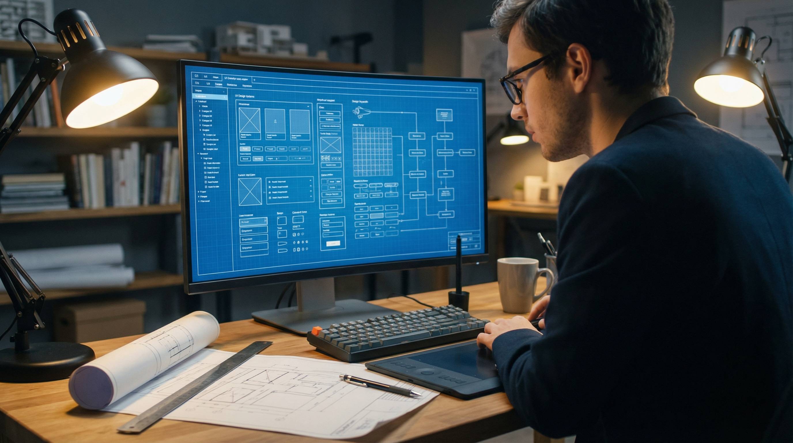 Un hombre trabaja en su escritorio frente a un ordenador mostrando gráficos y diagramas técnicos.