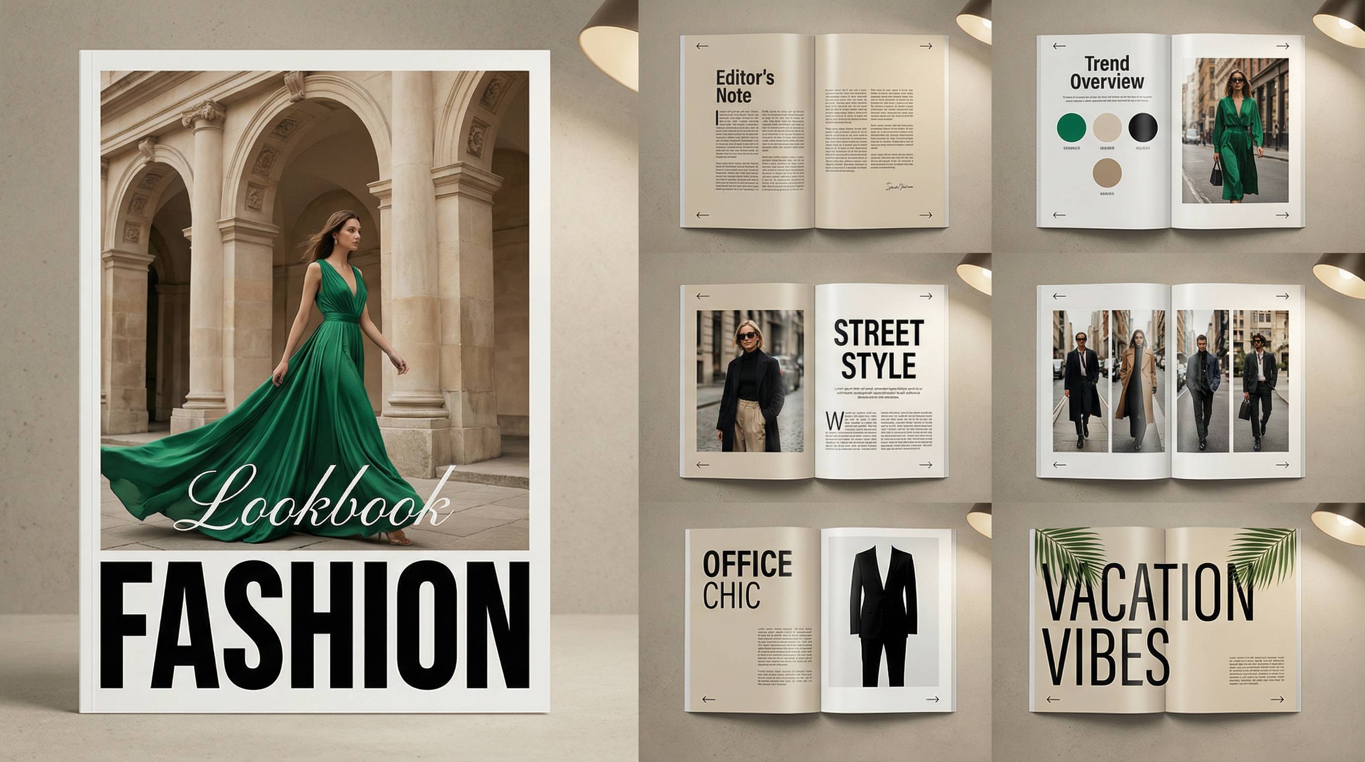 Una modelo luciendo un vestido verde en un lookbook de moda con diversas secciones sobre estilo y tendencias.