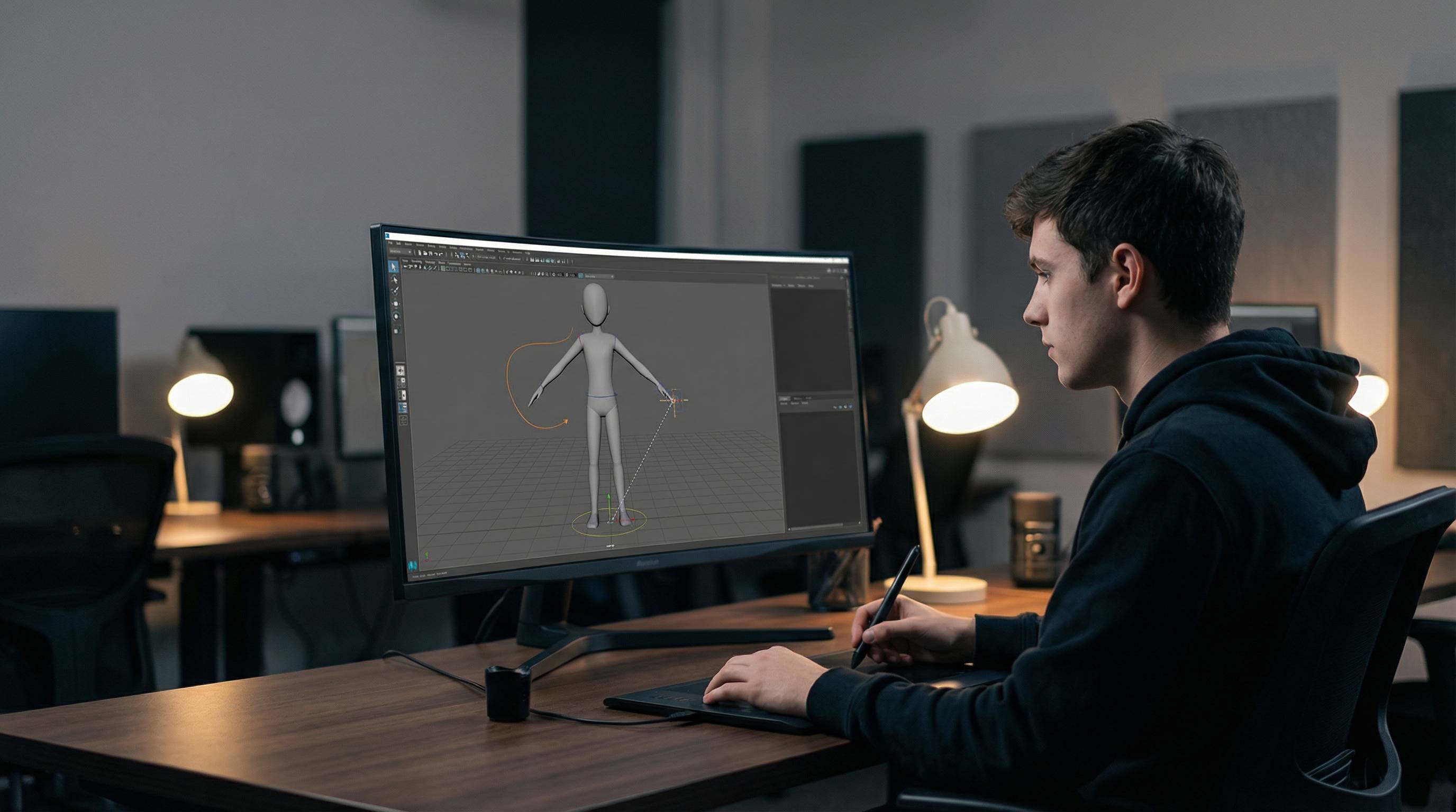 Un joven trabaja en su computadora mientras modela un personaje en 3D.