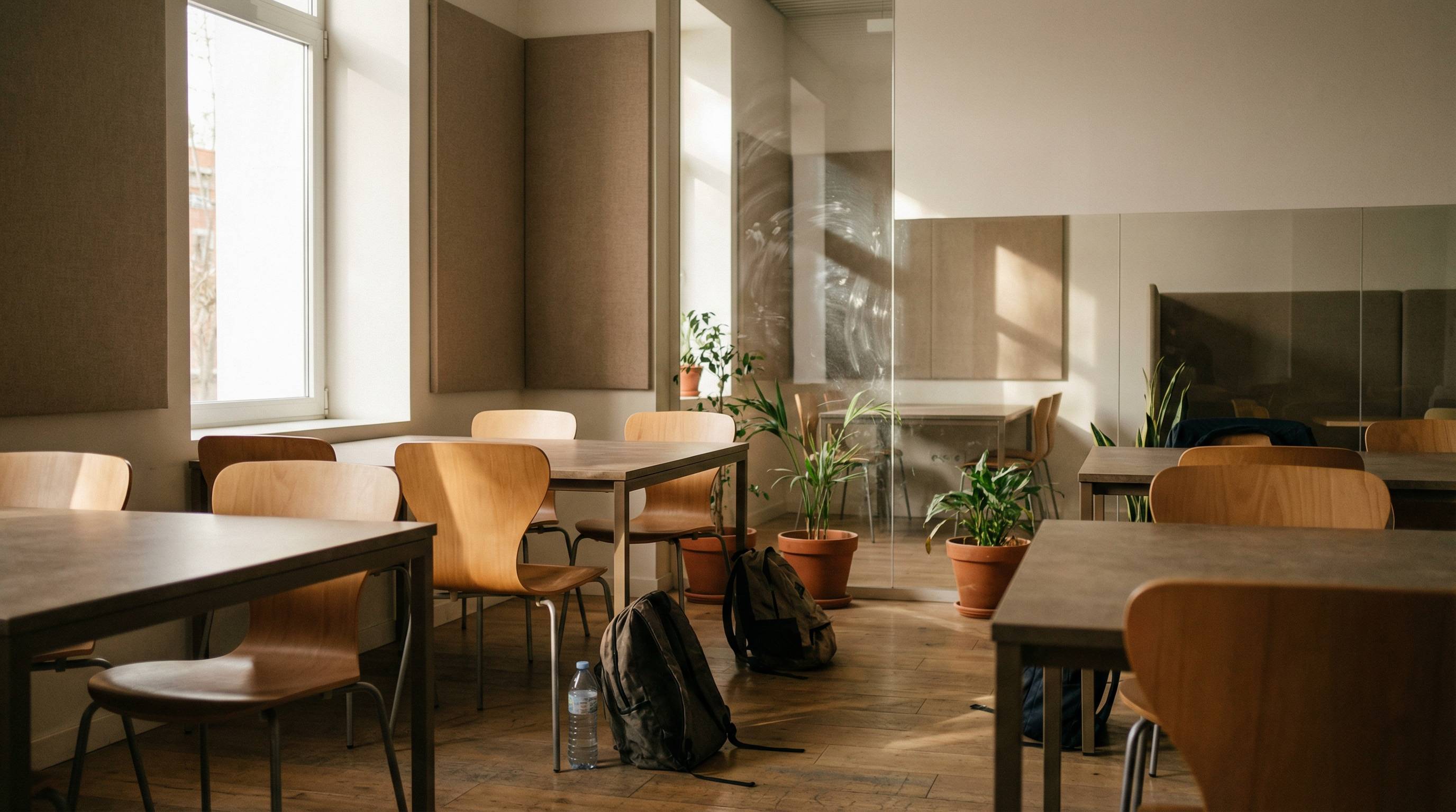 Una aula moderna con mesas de madera, sillas y plantas decorativas.