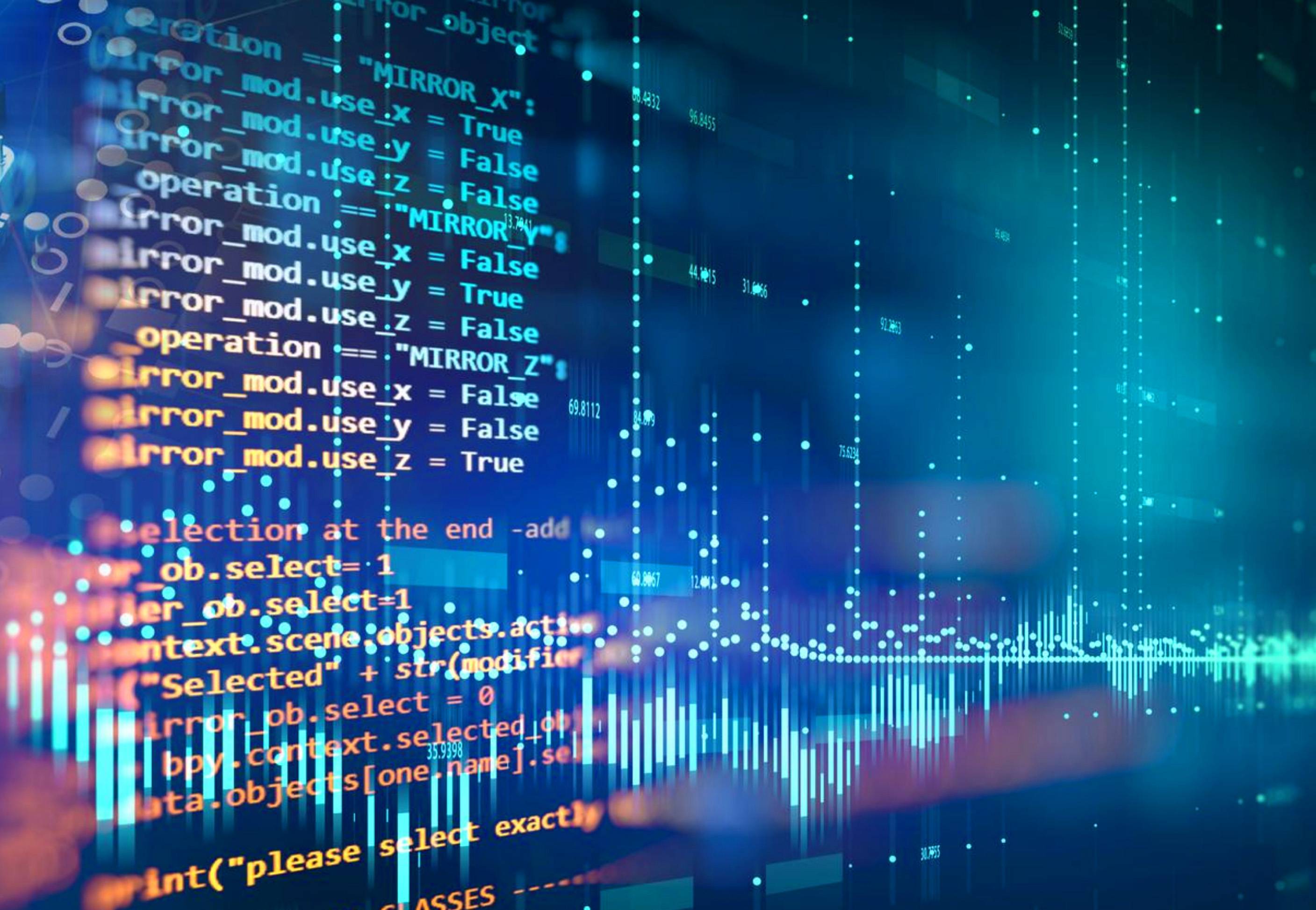 La imagen muestra un código en pantalla con representaciones gráficas de datos y gráficos de ondas.