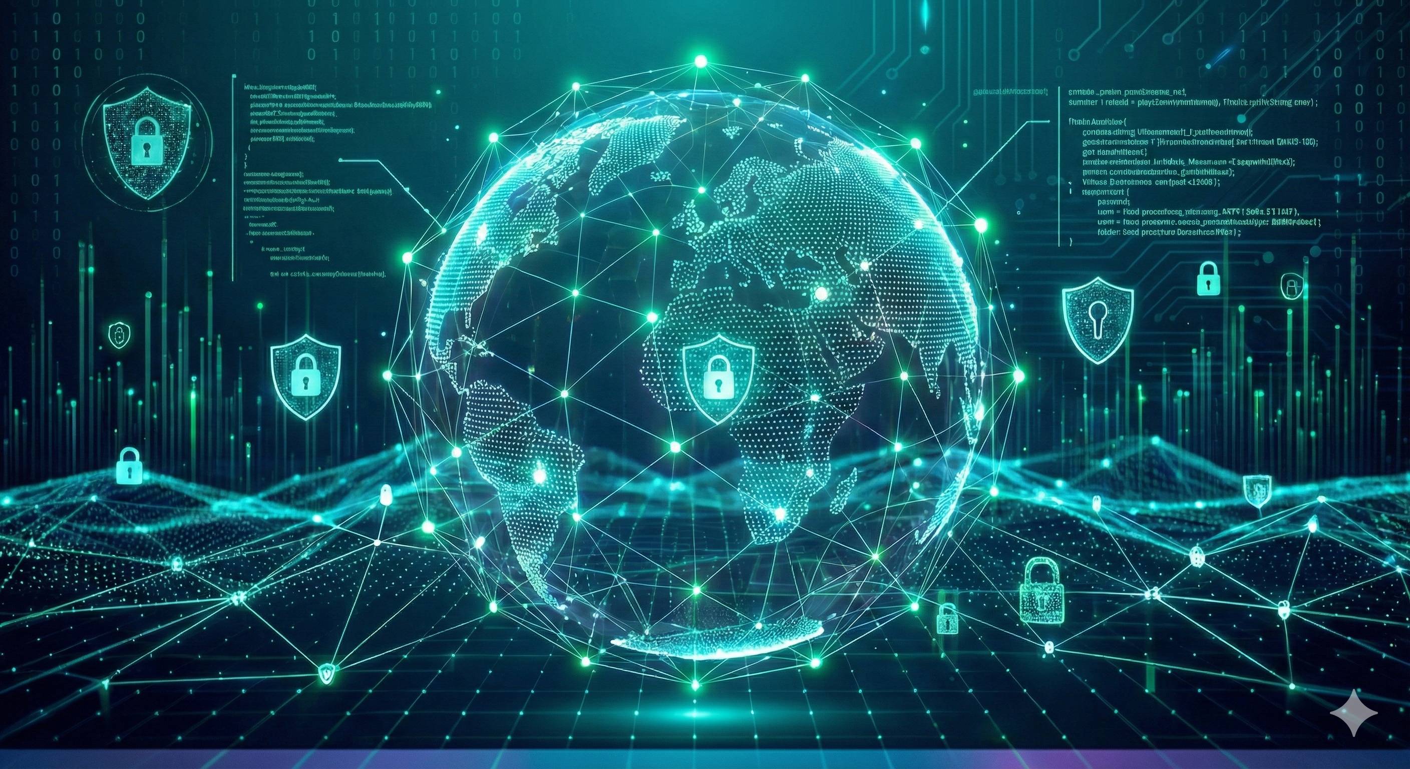 Imagen digital que representa un globo terráqueo rodeado de redes de seguridad cibernética.