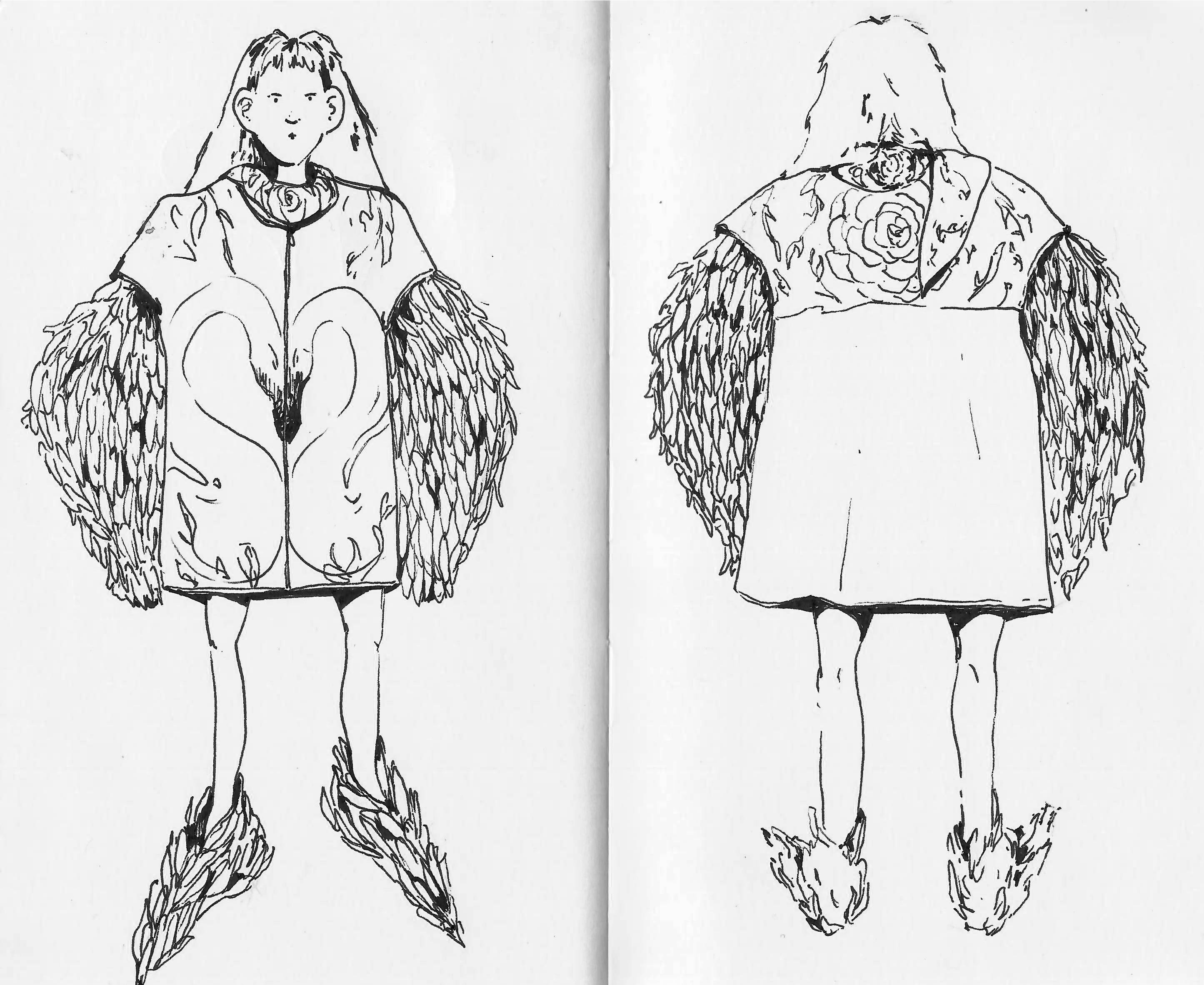 Un diseño artístico de un personaje con plumas en brazos y pies, luciendo un abrigo peculiar.