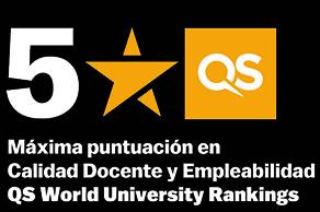 La imagen destaca una calificación de cinco estrellas en calidad docente y empleabilidad en el ranking QS de universidades.