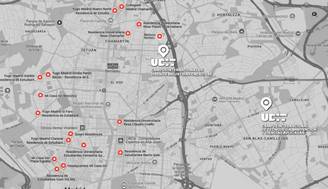 Mapa de Madrid con diversas ubicaciones señaladas en rojo.