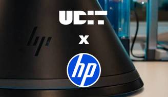 La imagen muestra un dispositivo con los logotipos de UDIT y HP en un entorno tecnológico.