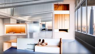 Una moderna sala de estar con diseño minimalista y grandes ventanales que ofrecen vistas panorámicas.