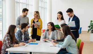 Un grupo de personas discutiendo y colaborando en un entorno de oficina moderno.