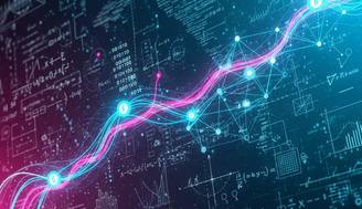 La imagen muestra un fondo tecnológico con gráficos de datos y líneas de tendencia en colores vibrantes.