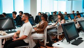 Un grupo de personas sentadas en un aula frente a computadoras en un entorno moderno.