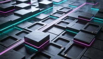 La imagen muestra un fondo abstracto con bloques oscuros y líneas de neón azul y rosa.