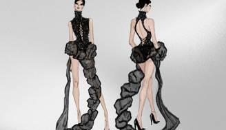 Dibujo de un vestido elegante en tonos negros, con detalles en encaje y una caída dramática.