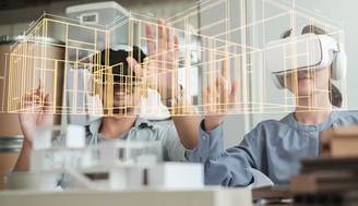 Dos personas utilizan gafas de realidad virtual para interactuar con un modelo arquitectónico en 3D.