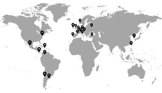 Un mapa mundial en tonos grises con marcadores en varias ubicaciones.