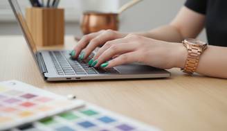 Una persona escribe en un portátil con uñas pintadas de verde.