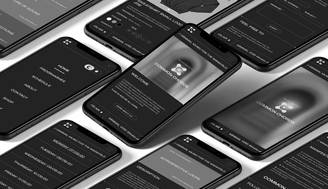 La imagen muestra varios teléfonos móviles mostrando la misma interfaz de una aplicación en un fondo oscuro.