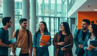 Un grupo de estudiantes conversando y sonriendo en un ambiente académico moderno.