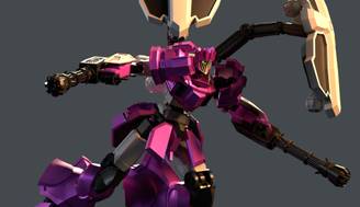 Un robot futurista en pose dinámica, con un diseño colorido y una armadura estilizada.