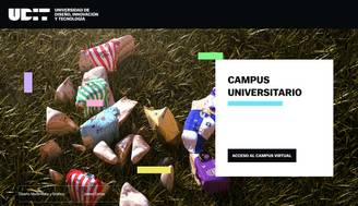 La imagen presenta un conjunto de objetos decorativos sobre un fondo de césped y un diseño gráfico que incluye texto sobre el campus universitario.