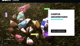 La imagen presenta un conjunto de objetos decorativos sobre un fondo de césped y un diseño gráfico que incluye texto sobre el campus universitario.