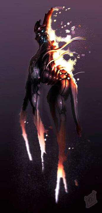 Una figura humanoide oscura y esculpida, con elementos en llamas y una apariencia futurista.