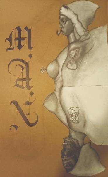 Una ilustración que combina elementos de figura humana y escritura artística.