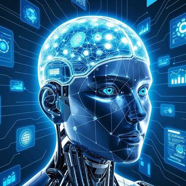 La imagen representa un robot con un cerebro digital iluminado, rodeado de gráficos y datos tecnológicos.