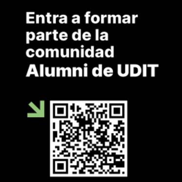 Un cartel informativo que invita a unirse a la comunidad Alumni de UDIT, acompañado de un código QR.