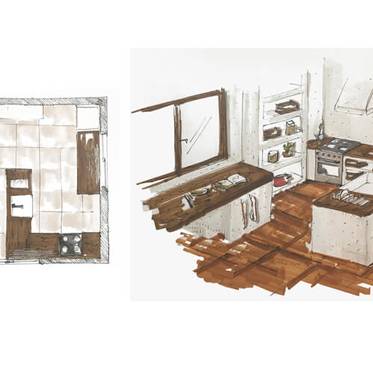 Imagen que muestra un diseño de cocina en perspectiva y un plano superior.