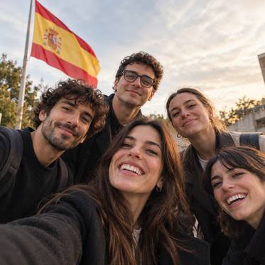 Un grupo de cinco amigos sonríe frente a la bandera de España durante una tarde soleada.