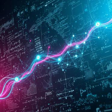 La imagen muestra un fondo tecnológico con gráficos de datos y líneas de tendencia en colores vibrantes.