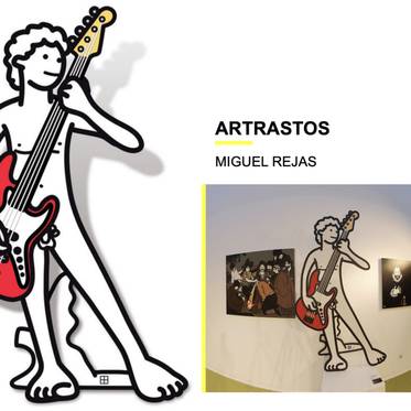 Una ilustración de un personaje tocando una guitarra eléctrica en un entorno artístico.