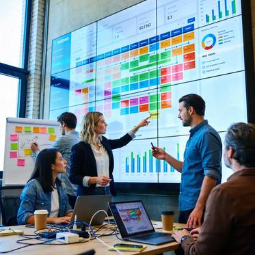 Un grupo de profesionales trabaja en equipo frente a una pantalla con gráficos y datos en un entorno de oficina moderna.