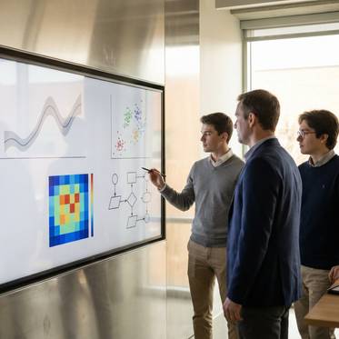 Tres personas observan y analizan gráficos en una pantalla en un entorno de trabajo moderno.