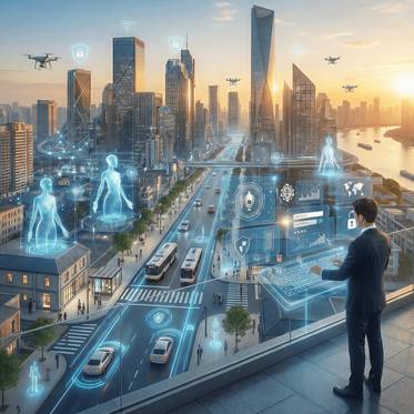 Una vista futurista de una ciudad con tecnología avanzada y drones sobrevolando edificios altos.