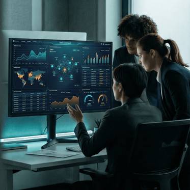 Tres personas en un entorno de oficina analizan datos en una pantalla grande con gráficos y mapas.