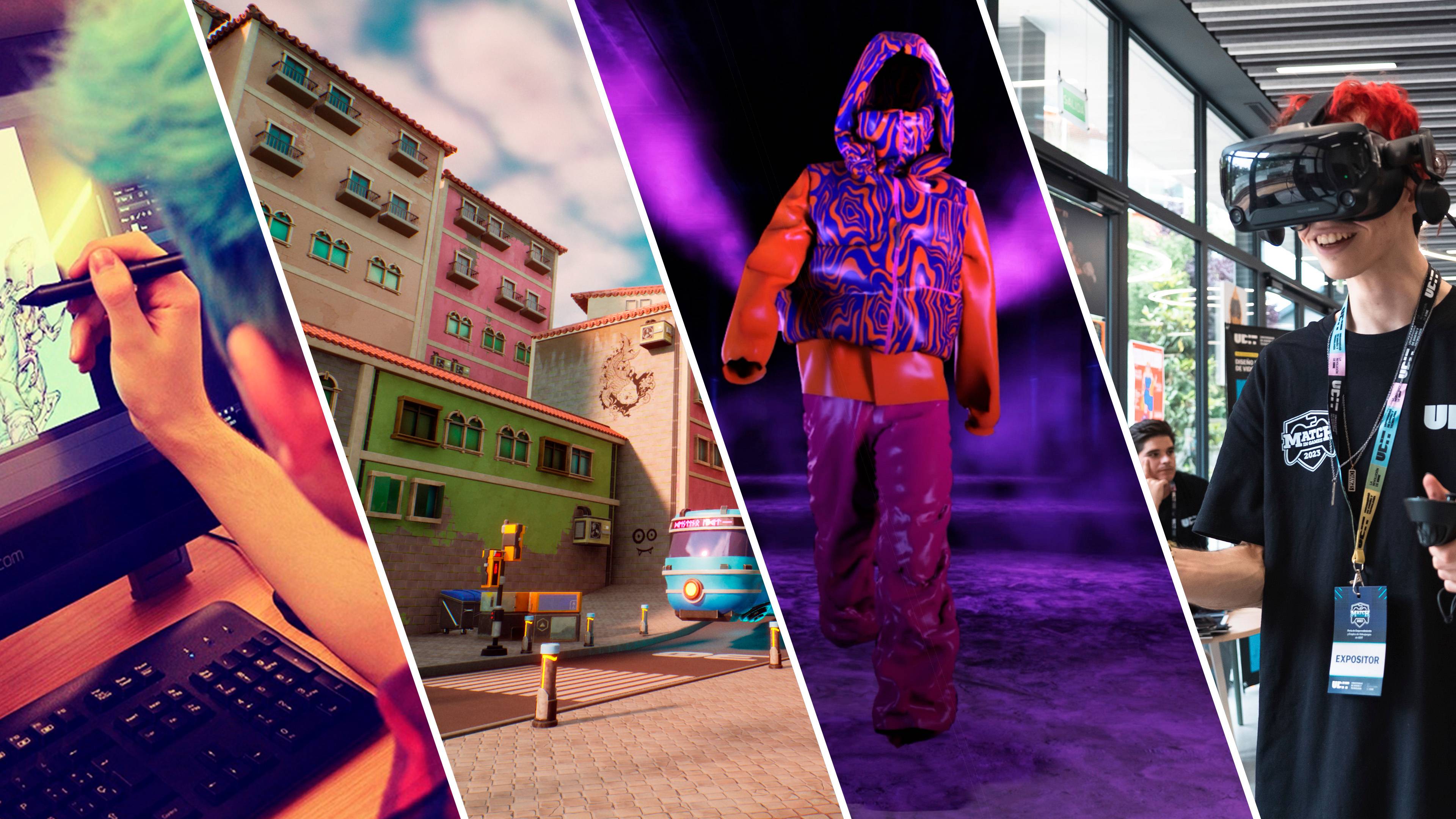 La imagen muestra un collage de actividades relacionadas con el arte digital y la realidad virtual.