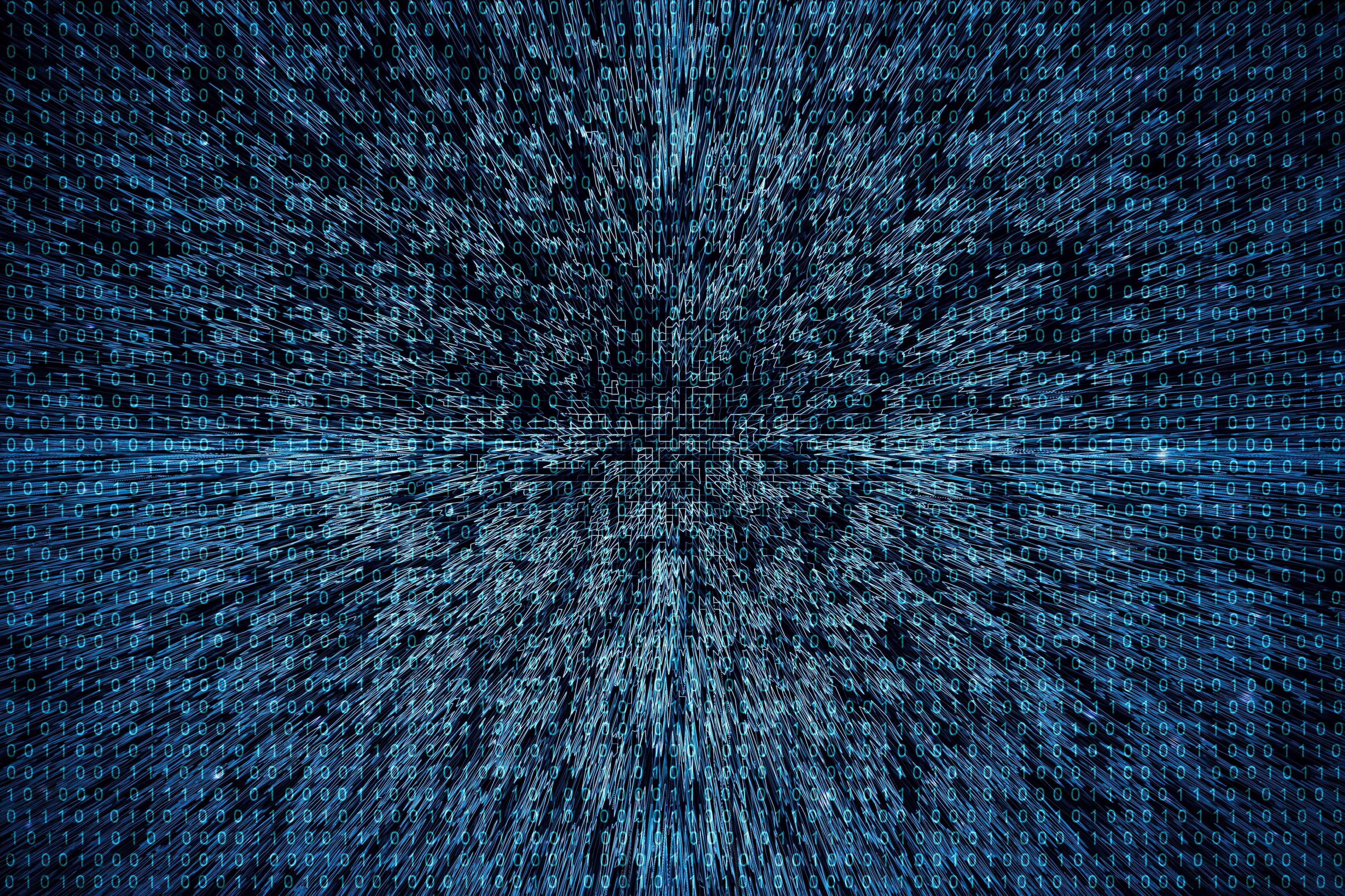 La imagen muestra un fondo abstracto de números binarios en colores azul y negro que parecen fluir hacia el centro.