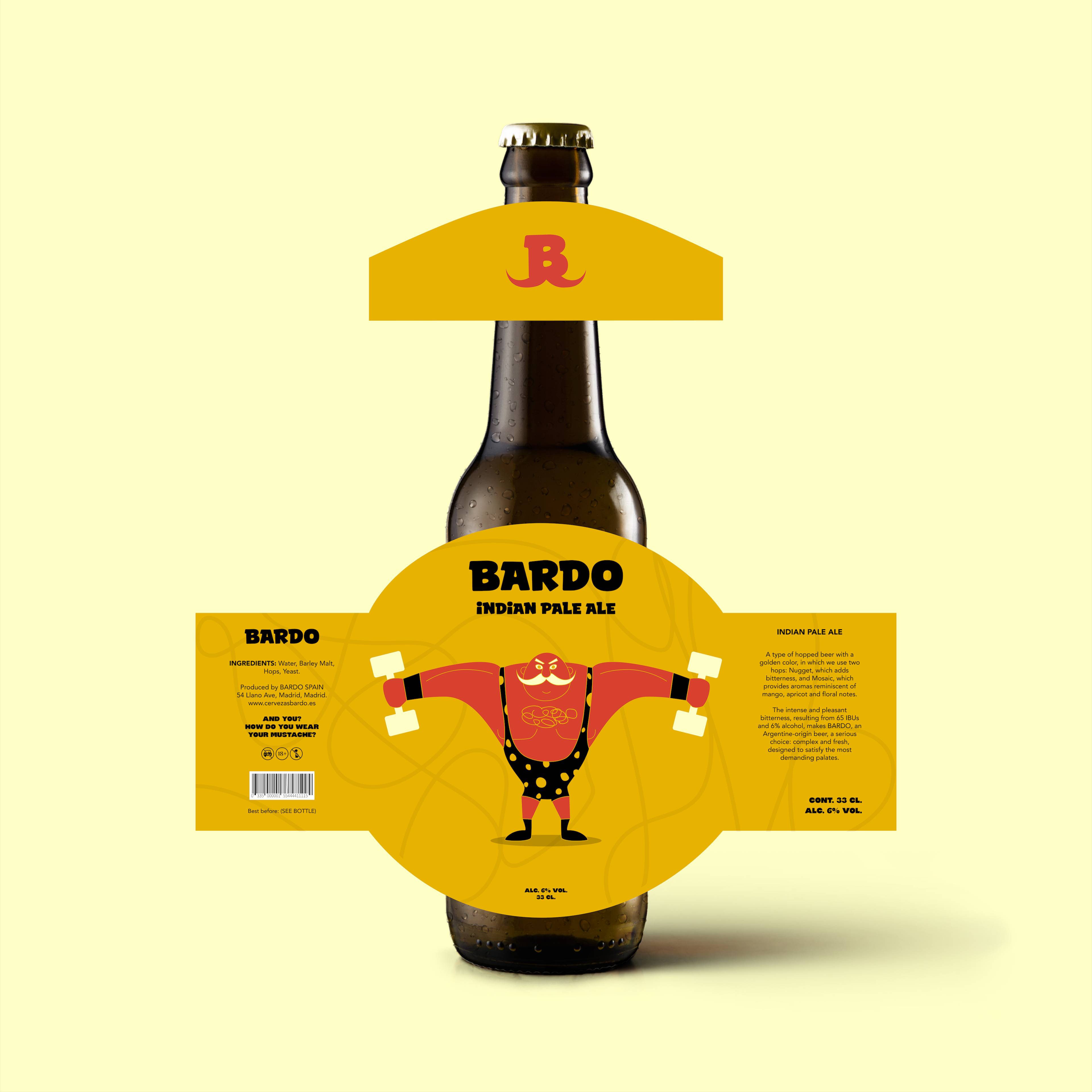 Etiqueta de una cerveza tipo Indian Pale Ale llamada Bardo con un diseño colorido y caricaturesco.