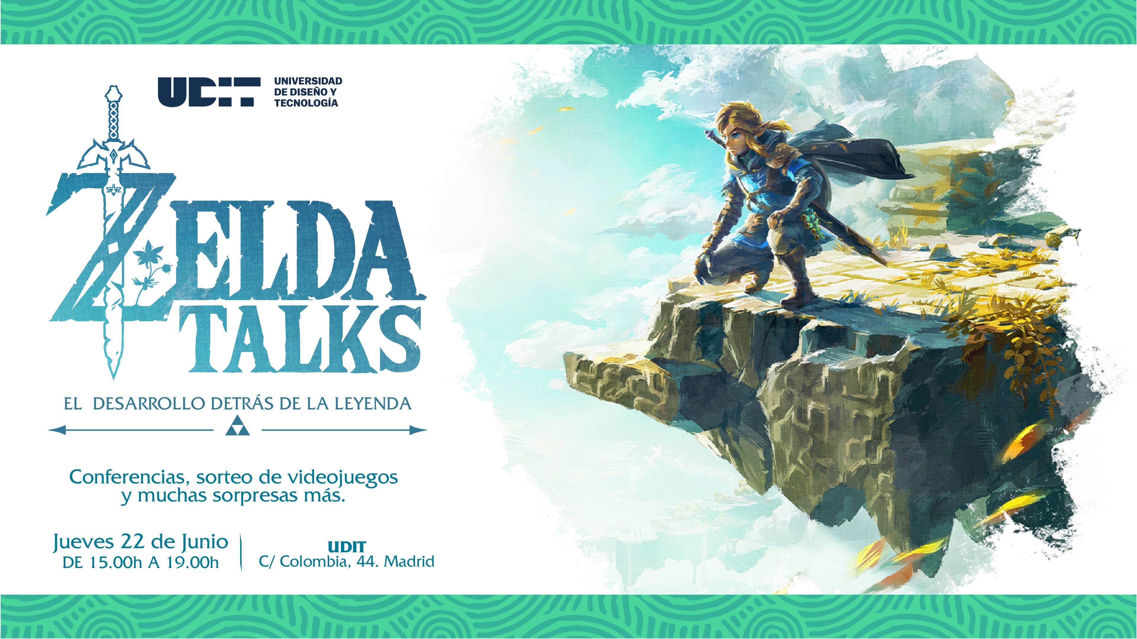 Cartel del evento Zelda Talks que presenta conferencias sobre el desarrollo de videojuegos.