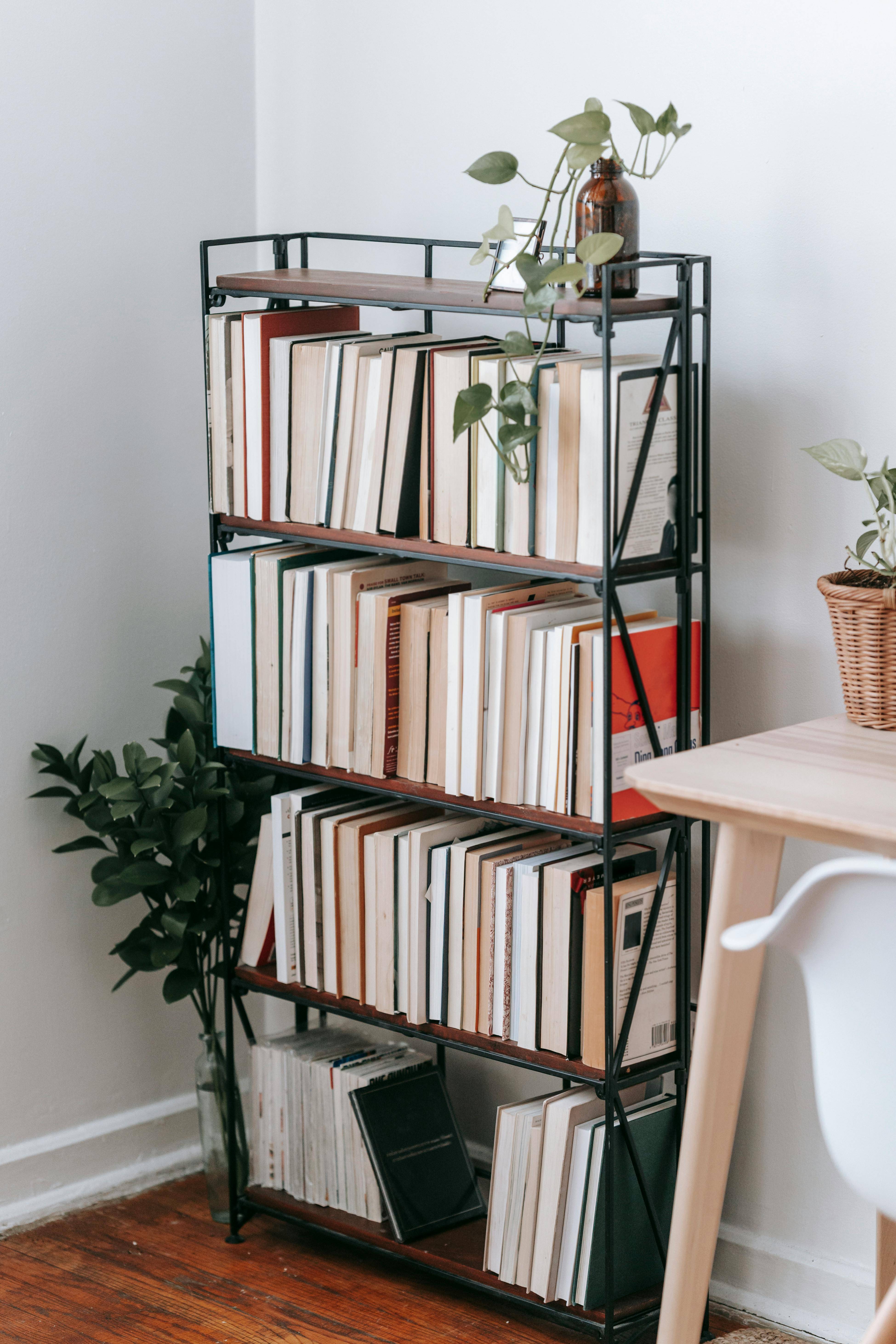 Una estantería de metal negra con libros y plantas decorativas en una habitación.