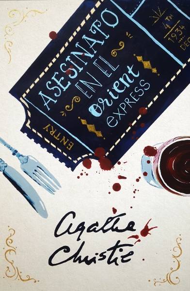 Portada del libro 'Asesinato en el Orient Express' de Agatha Christie que muestra un ticket de tren manchado de sangre y un vaso de vino.