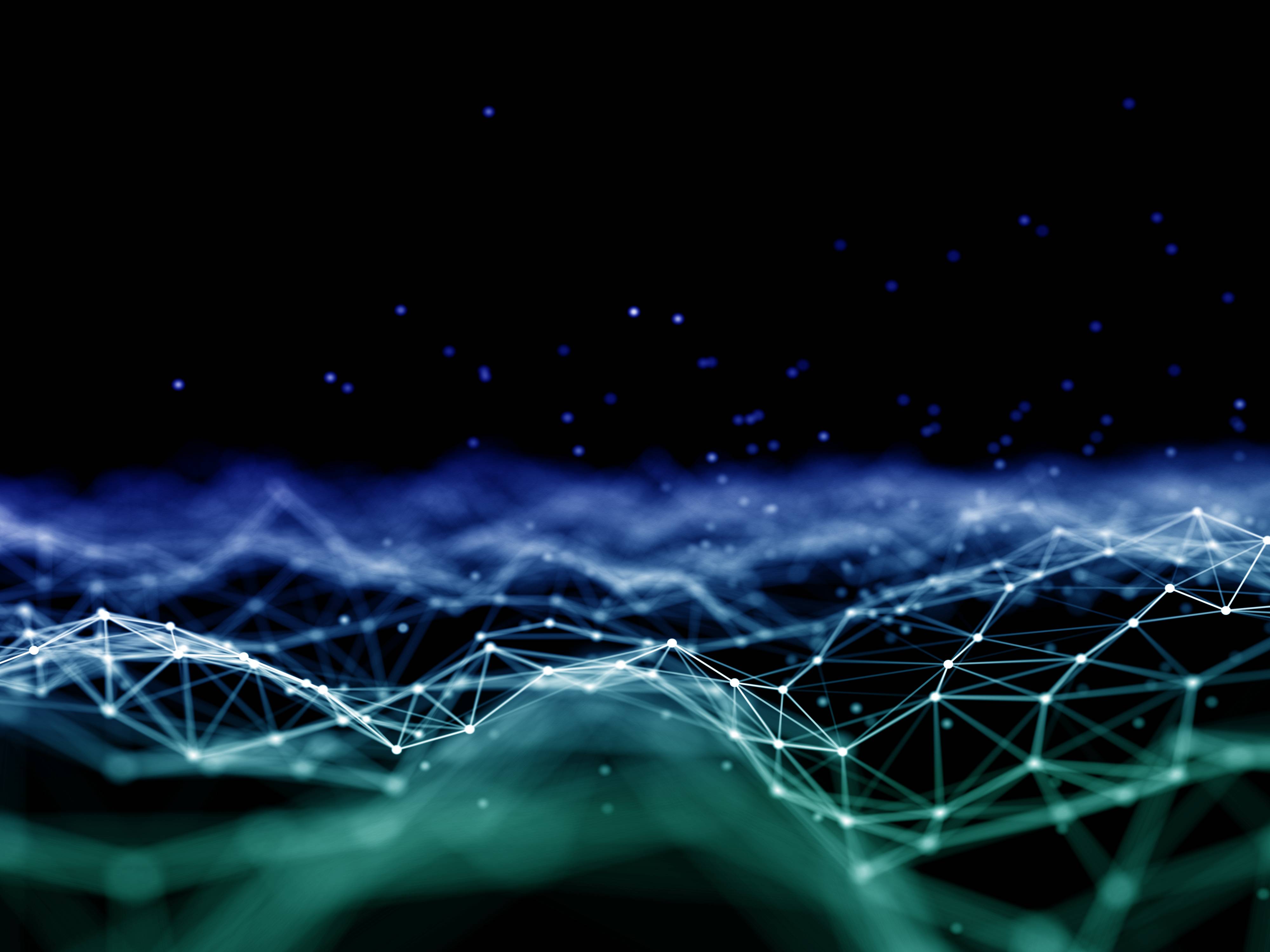 Una representación gráfica de un paisaje abstracto con líneas y puntos que evocan una red tridimensional.