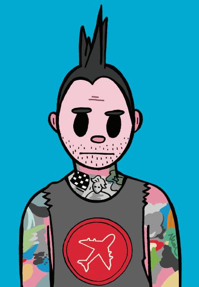 Un personaje ilustrado con peinado punk y múltiples tatuajes coloridos en los brazos.