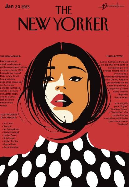 Portada de la revista The New Yorker con una ilustración de una mujer con fondo rojo y un vestido a lunares.
