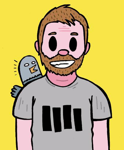 Una ilustración de un hombre con barba y una camiseta gris, sonriendo, con un pájaro en su hombro sobre un fondo amarillo.