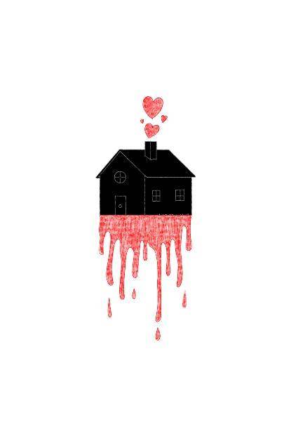 La imagen presenta una casa negra de la que brotan gotas rojas, junto a corazones en la parte superior.