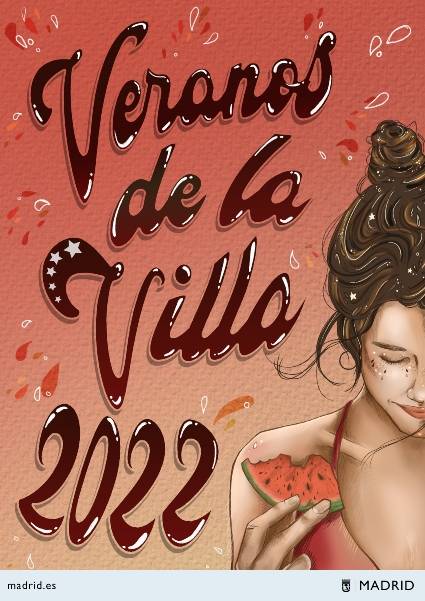 Una ilustración que celebra el verano en la ciudad de Madrid con colores cálidos y una mujer sosteniendo una rodaja de sandía.