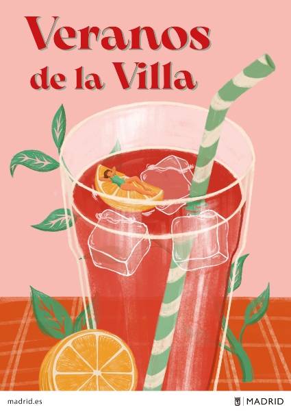 Un vaso de bebida refrescante con hielo y rodajas de frutas sobre un fondo colorido.