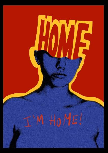 Una imagen artística que presenta un torso humano con la palabra 'HOME' en la parte superior de la cabeza y el mensaje 'I'M HOME!' en la parte inferior.
